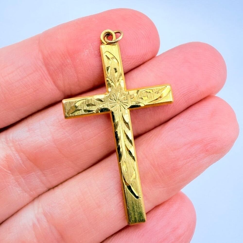 Signed Donna 1/20 12K Gold Filled Cross Pendant Diamond Cut 1 1/2" Long